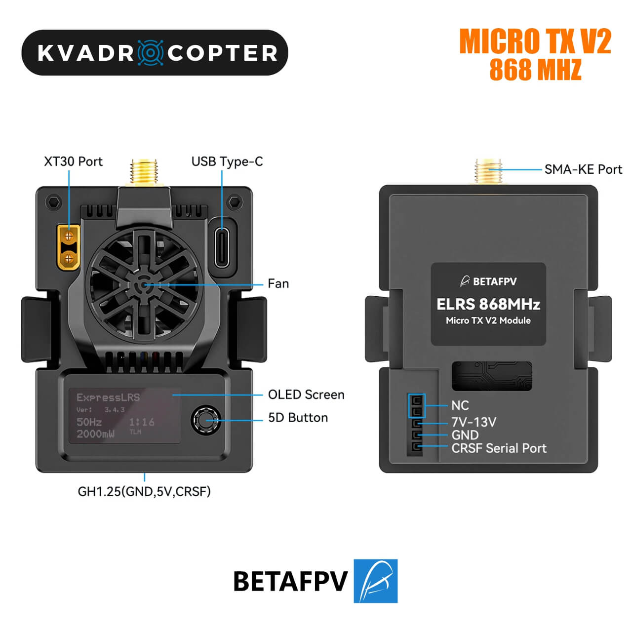 BetaFPV Micro TX V2 Module ELRS 868MHz, 2W