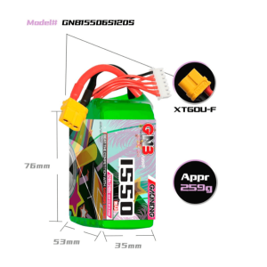 Аккумулятор GNB 22.2V 1550mAh 120C Li-Po 6S1P XT60 для дрона. Photo 2
